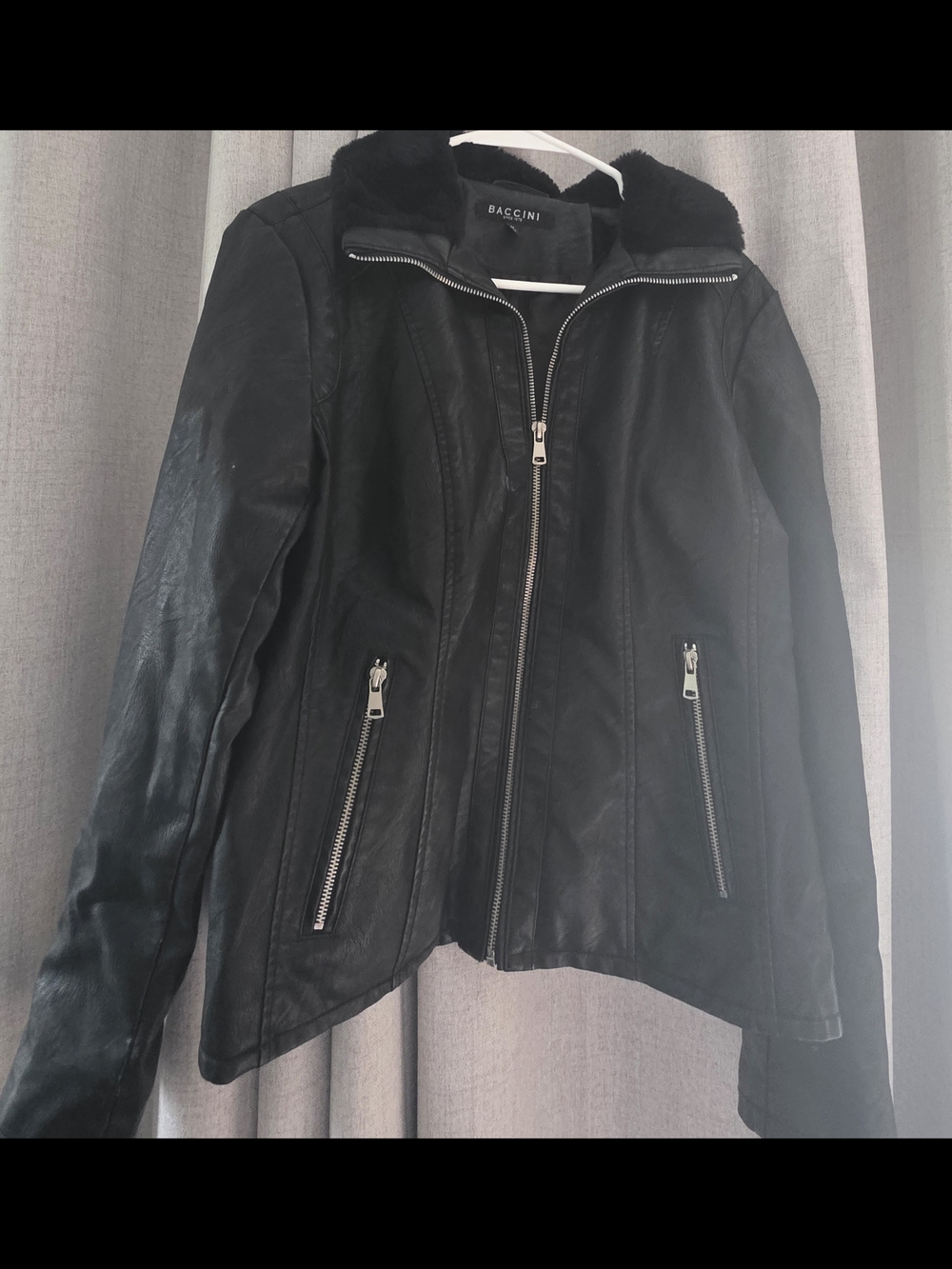 Baccini Black Faux-Leather Jacket with Faux-Fur Collar